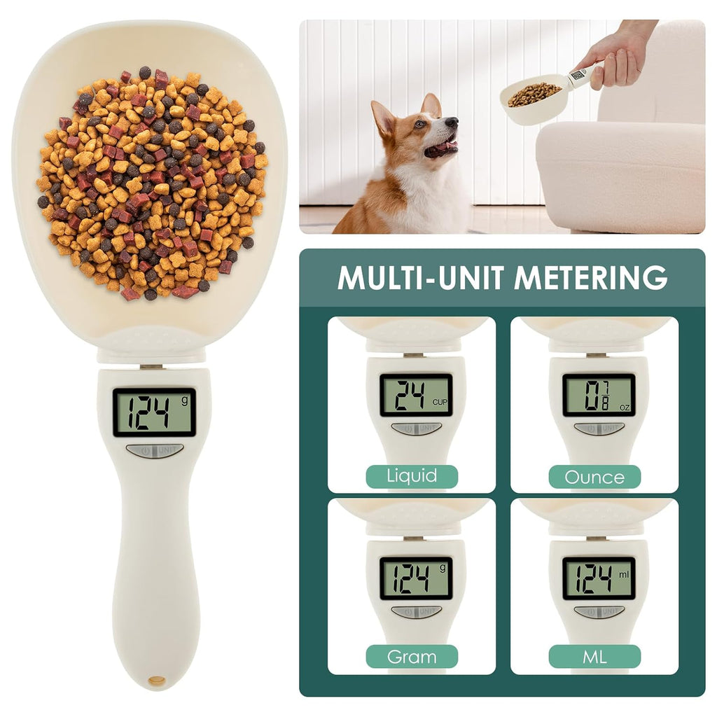 Norvexa™ 2-Pack Digital Measuring Spoon Scale – High-Precision LED DisplayDigital measuring scoop scale weighing pet food with display examples for cups, ounces, grams, and milliliters.