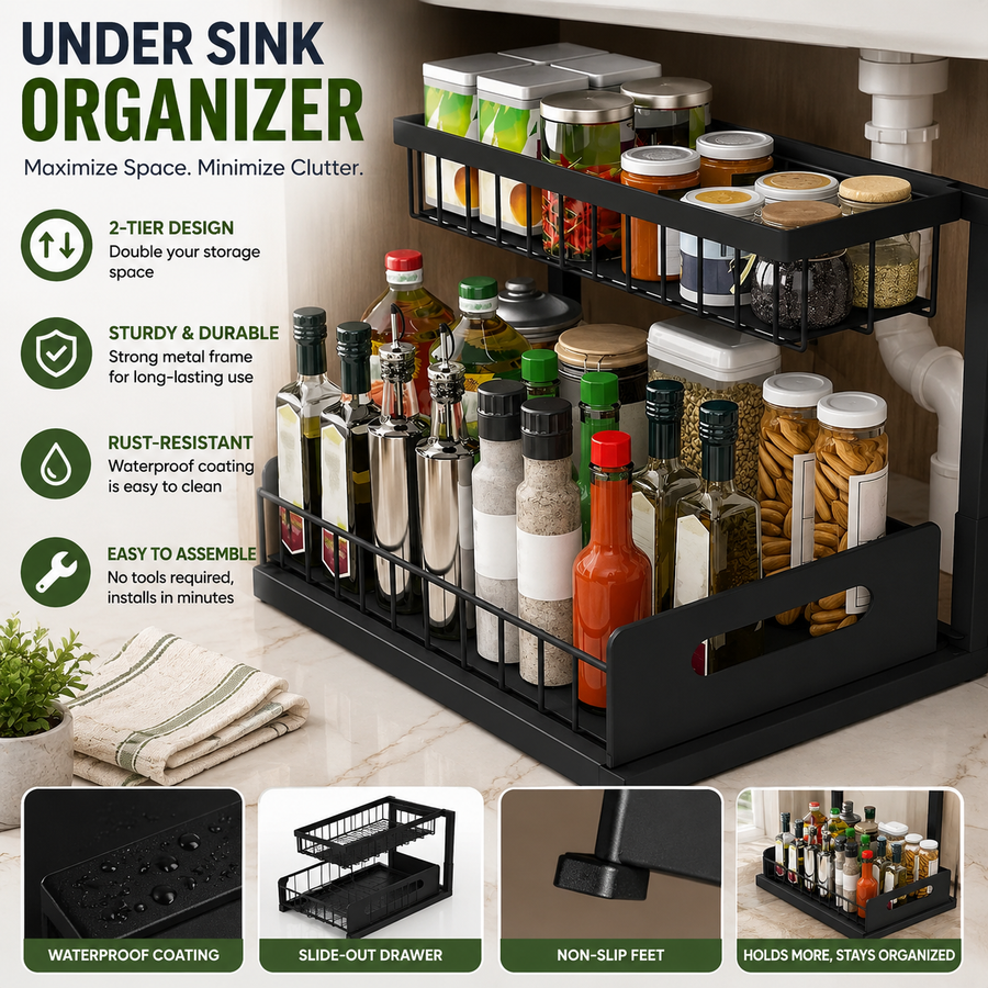 2-Tier Under-Sink Organizer Rack – Pull-Out Storage