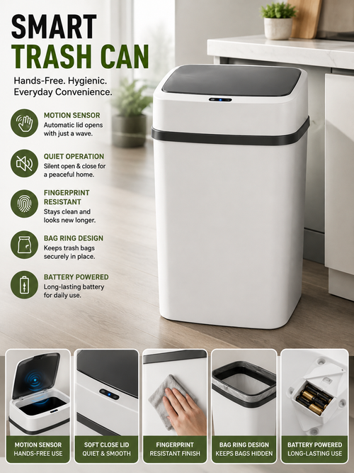 White 13-liter motion sensor trash can in a kitchen with feature callouts for hands-free opening, quiet lid, fingerprint resistance, bag ring, and battery power.