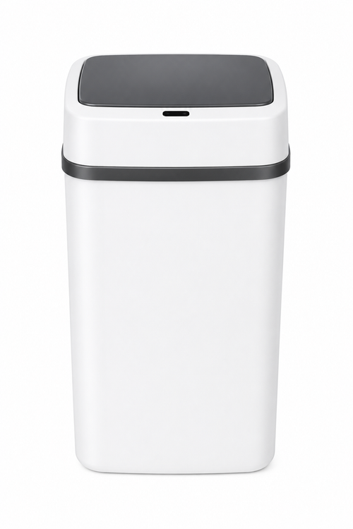 Front view of the white rectangular smart trash can with a dark gray motion-sensor lid on a white background.