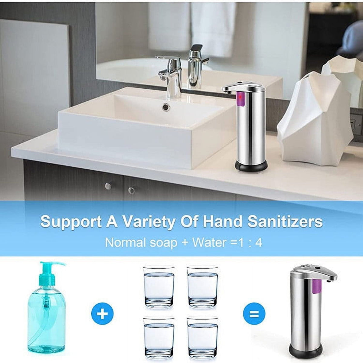 Touchless stainless steel soap dispenser shown for use in an office, toilet, kitchen, and bathroom.