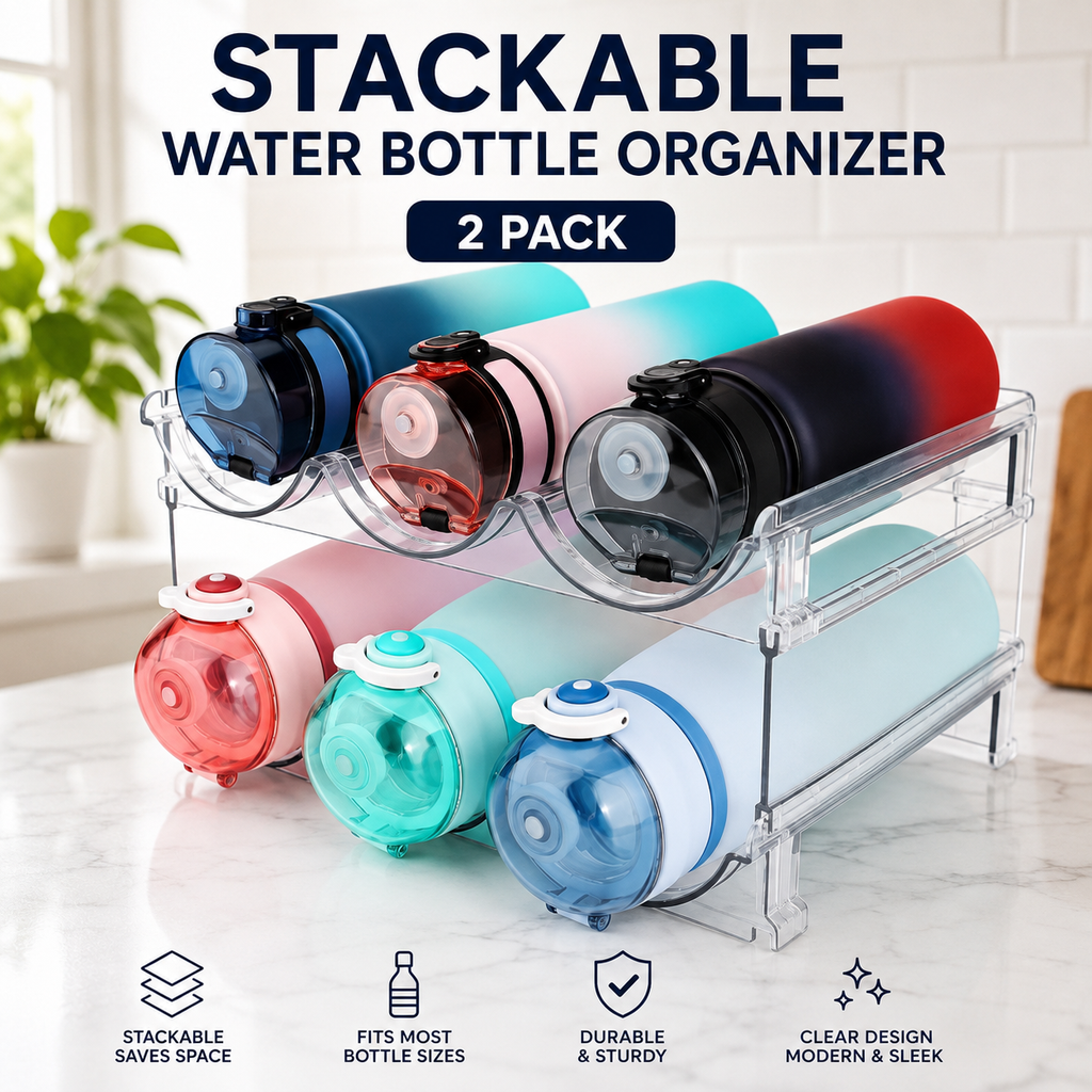 Two-pack clear stackable water bottle organizer holding six colorful bottles with feature icons for capacity and durability.